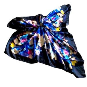 Navy Blue Satin Watercolor Print Scarf 50x50”